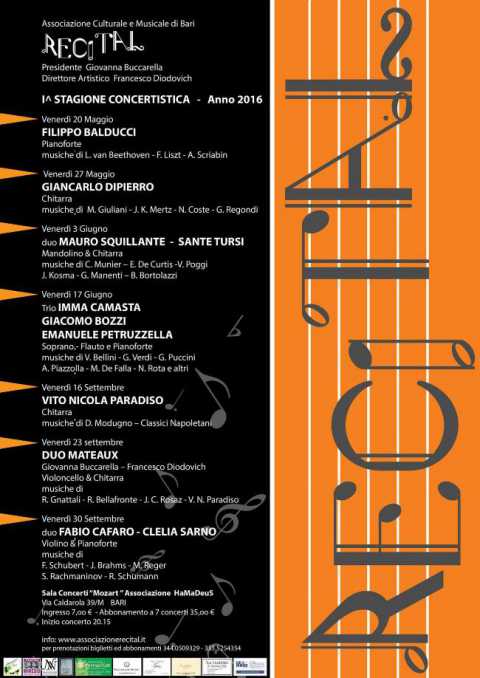 Bari, rassegna ''Recital'': concerto di musica classica di Mauro Squillante e Sante Tursi