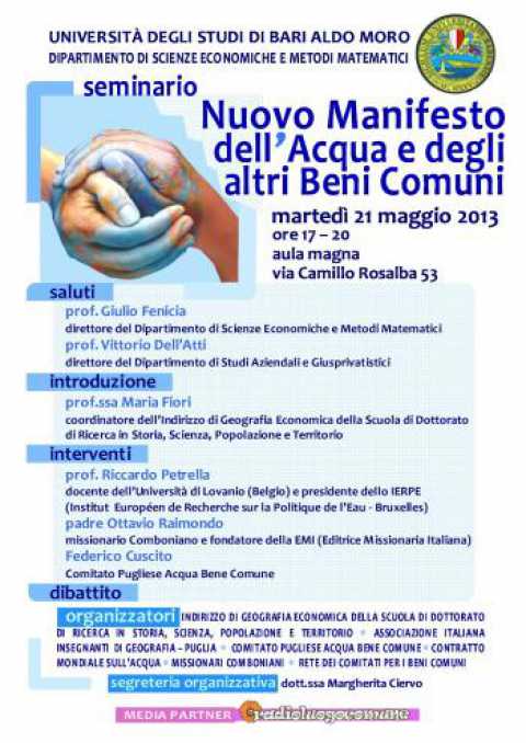 Bari, Riccardo Petrella presenta ''Il nuovo manifesto dellacqua e degli altri beni comuni''
