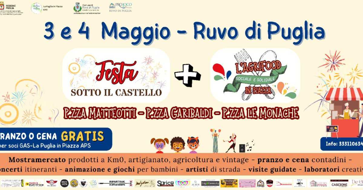Ruvo di Puglia, al via "Agrifood sociale e solidale in piazza" e Festa sotto il Castello"