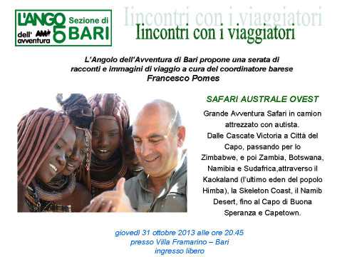 Bari, ''Incontri con i viaggiatori'': serata di racconti e immagini sull'Africa australe