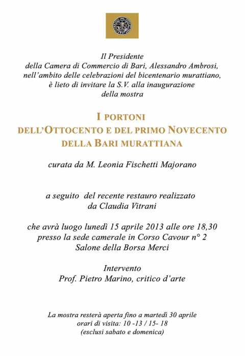 Bari, ''I portoni dell'Ottocento e del primo Novecento della Bari Murattiana'' alla Camera di Commercio