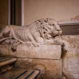 ...�sorvegliata� da due sculture di leoni sdraiati.
