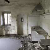 L�ampia cucina con volta a botte, fatta letteralmente a pezzi in ogni suo elemento e con i rami degli alberi che invadono la stanza attraverso la finestra