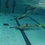 il primo ad arrivare al centro della piscina non perde tempo e passa con la mazzetta il disco al suo compagno