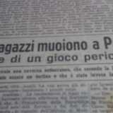 Un articolo d'epoca che riporta la drammatica morte dei tre ragazzini nei pressi di via Vittorio Veneto