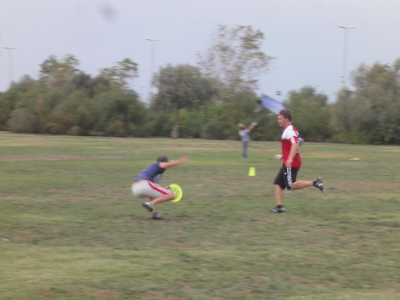 Il frisbee sta per cadere e i giocatori tentano il recupero