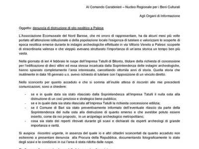 La denuncia inoltrata dall'Ecomuseo urbano del Nord barese relativa alla distruzione del sito