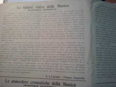 Il retro del del manifesto futurista della musica del 1924 firmato da Sebastiano Arturo Luciani e Franco Casavola 