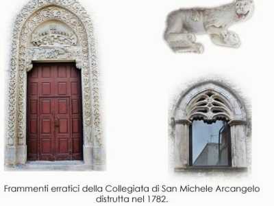 Tre frammenti dell'antico duomo: il portale (ricostruito sulla chiesa del Santo Rosario), una testa leonina e una bifora  