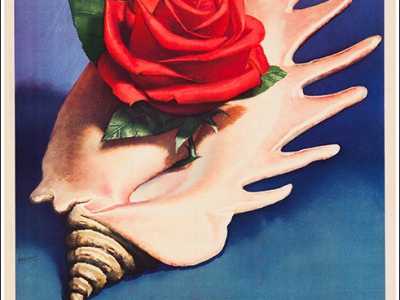 ...si trattava di una rosa scarlatta appoggiata su una conchiglia con sfondo blu, realizzata dal celebre illustratore Gino Boccasile