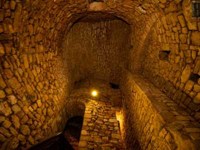 Scendiamo per diversi metri in quella che, data la forma circolare, doveva essere una delle torri originarie del castello medievale. Ci troviamo infatti nella parte pi� antica dell�edificio: un ambiente alto circa 20 metri con delle piccole finestre sui muri