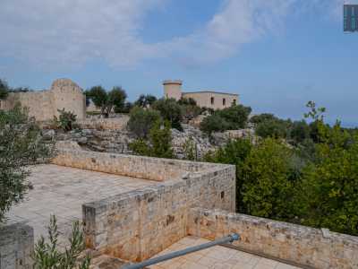 Ritornando sui nostri passi e proseguendo oltre l�entrata, il perimetrale lascia spazio a una recinzione pi� bassa. Qui sono anche presenti due piccole balconate in pietra che si affacciano su un vasto giardino. Tutta la struttura � infatti circondata da un ettaro di terra dove dominano ulivi, fichi d�india e cycas