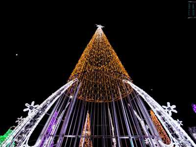 E, superato il cancello, eccoci davanti a un albero di Natale di 12 metri coronato da una grande stella, realizzato con telaio in alluminio e �avvolto� da 400 metri di led