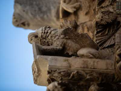 Richiama i motivi tipici dell�epoca: due colonne laterali con leoni, una cornice a foglie e un bestiario decorativo medievale costituito da elefanti e grifoni