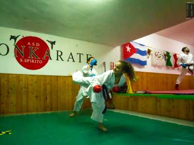 ...e una ragazza effettua un ushiro geri, un calcio tirato indietro