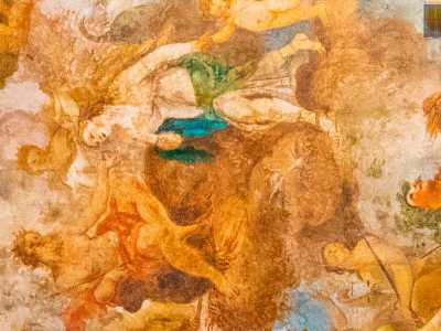 Si possono riconoscere Zeus seduto su un trono...
