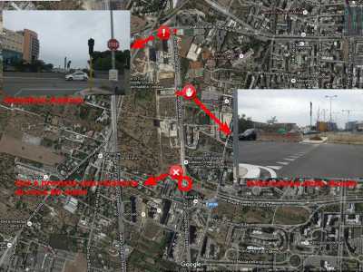 La mappa di Google mostra in alto l'incrocio con via Bellomo, in mezzo l'interruzione di via Matarrese e in basso il motivo per cui la circolazione � interdetta ai veicoli: l'assenza di una rotatoria all'incrocio con via Beato Josemar�a Escriv�