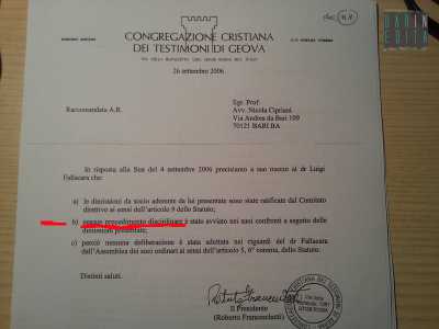 Risposta della Congregazione: nessun procedimento disciplinare contro Fallacara