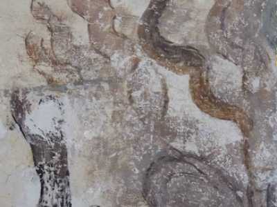 Particolare del Giudizio universale di Ruggiero Bruno da Cosenza: raffigura il Leviatano, il serpente a sette teste e un diavolo che perseguitano i dannati
