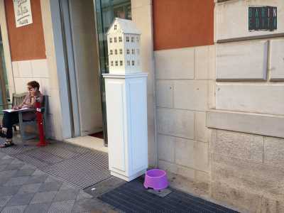 Una delle ciotole lasciate dai commercianti del centro da cui Romeo sorseggia dell'acqua