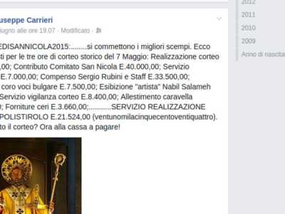 Il post su Facebook attraverso il quale il consigliere comunale Giuseppe Carrieri, ha svelato nel dettaglio i costi del corteo storico di San Nicola 2015, diretto da Sergio Rubini
