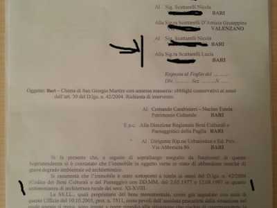 La lettera della Soprintendenza del 3 maggio 2013 che obbligava gli eredi Scattarelli alla messa in sicurezza e a redigere un progetto di restauro