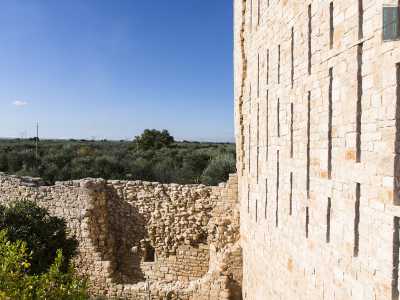 Saliamo lungo una rampa di scale esterne che ci porta su una delle torri  caratterizzata da una parete su cui appare un �motivo� ad aperture rettangolari e strette: sono in realt� feritoie