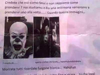 Il volantino minaccioso dei clown misteriosi. � stato trovato sia a Noicattaro che a Bari, soprattutto nel quartiere San Pasquale (foto di noicattaroweb.it)