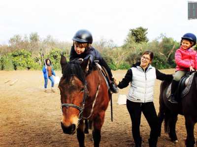 L�istruttrice fa fermare i due bambini per far effettuare loro alcune azioni come accarezzare le orecchie del cavallo o sdraiarsi sul suo dorso