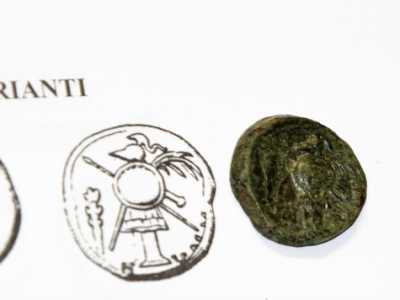 Il rovescio della moneta raffigurante un trofeo militare con l�iscrizione Kailinon e con la variante del ramo di palma