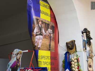 ...ci sono bandierine della Romania, manifesti pubblicitari in lingua appesi al muro e teste di animali selvatici imbalsamate
