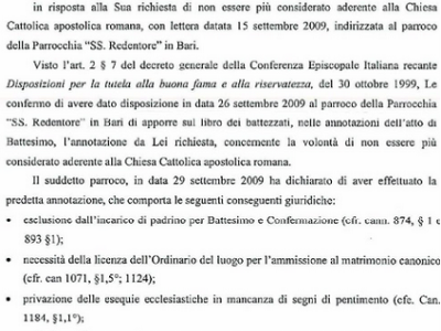 La lettera di risposta che arriva allo sbattezzato dopo circa 15-20 giorni dalla richiesta