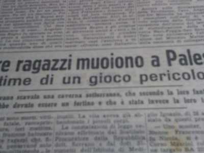 Un articolo d'epoca che riporta la drammatica morte dei tre ragazzini nei pressi di via Vittorio Veneto